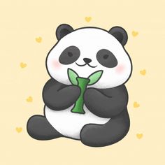 a panda bear sitting on the ground holding a green leaf in its paws with hearts around it