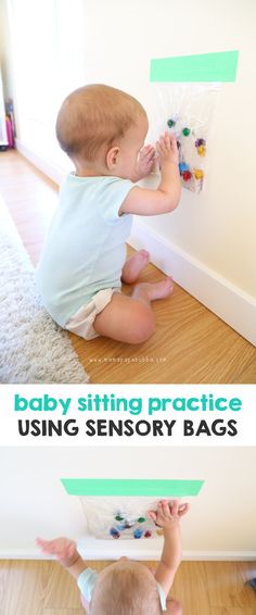 a baby sitting on the floor playing with toys and text overlay reads, baby sitting practice using sensory bags