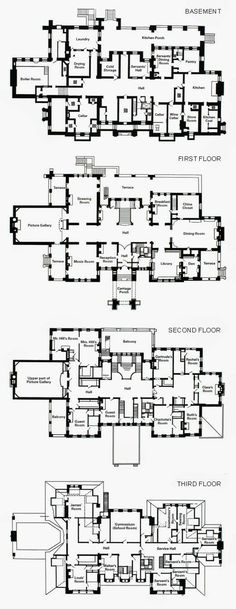 three floor plans for the first and second floors of an apartment building, with different rooms