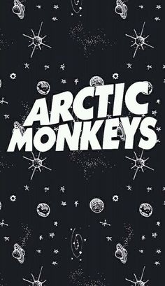 an advertisement for arctic monkeys with space and stars in the background on a black background