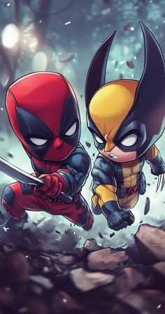 two deadpools running through the air with swords in their hands, and one is holding