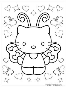 hello kitty coloring page with hearts and butterflies in the background for valentine's day