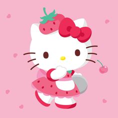 the hello kitty wallpaper is pink and has a strawberry on it's head