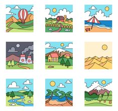 the different landscapes are depicted in this cartoon style photo book page, which includes an image of mountains and houses