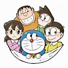 the cartoon family is posing for a picture together in front of an image of their cat