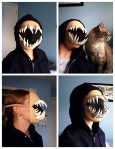 four pictures of a person wearing a mask with an animal's teeth on it