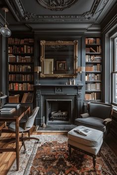 a living room filled with furniture and a fire place in front of a book shelf