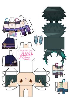 an anime paper doll is shown with other items