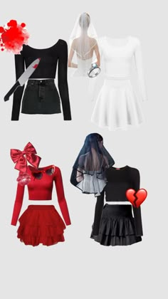 four different types of clothes with red and black accents on them, including a white top