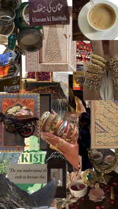 the collage shows many different items and words in arabic, including teapots