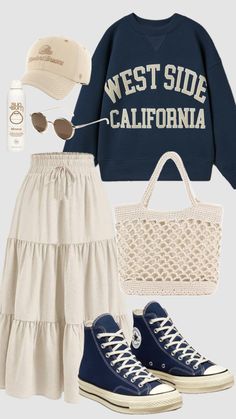 #modestoutfit #sweatshirt #navy #skirt #beachaesthetic #outfitideas #converse #ootd #schooloutfit #modest #backtoschool #coastal #offwhite #fashion Converse Ootd, Cute Church Outfits, Stylish Outfits Casual, Outfit Ideas Spring, Casual Chic Outfits, Stile Hijab