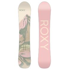 a pink snowboard with the word roxy printed on it's bottom and bottom