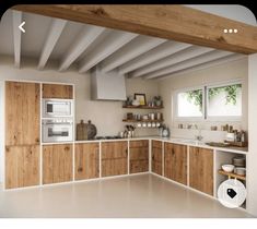 an open kitchen with wooden cabinets and white counter tops, along with shelves on the wall