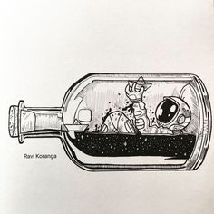 a drawing of an alien in a bottle with the caption ravi koranga