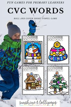 Game boards with a winter theme that contain short cvc word pictures in which you roll a die and cover the correct vowel sound. Vowel Games For Kindergarten, Roll And Read Cvc Words Free, Cvc Sound Boxes Free, Practice Blending Sounds For Reading- Cvc Words, Short Vowel Games, Phonics Cvc Words, Short Vowel Activities, Fun Learning Games, Phonics Cvc