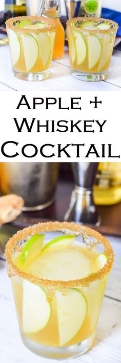 two glasses filled with apple and whiskey cocktails on top of a wooden table in front of