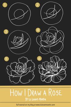 Show a step by step drawing guide of a simple rose. The drawing is in white on a black background. There is a banner at the bottom with the title ' How to draw a rose' How To Draw A Tattoo Rose, Draw Flower Tutorial, How To Draw Tattoo Flowers, Peony Drawing Simple Step By Step, Basic Rose Drawing, Rose How To Draw, Step By Step Tattoo Drawings, How To Draw Peony Step By Step, Traditional Tattoo Practice