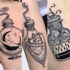 three different images of tattoos on the legs and arm, one with a bottle in it