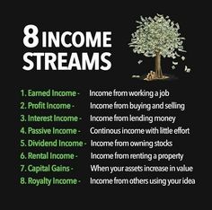 an image of a tree with money coming out of it and the words, 8 income streams