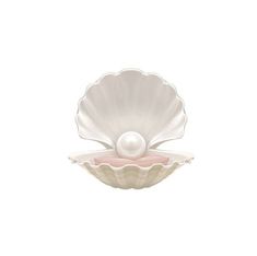 a white shell with a pearl in the center on a pink and white plate against a white background