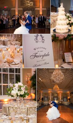 a collage of wedding photos with the bride and groom at their reception in front of guests