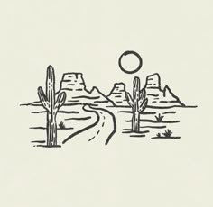 a drawing of a desert road with cactus trees and mountains in the background, as well as a full moon