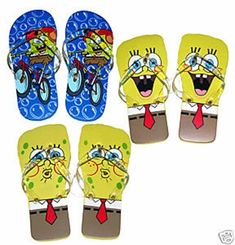 five spongebob flip flops are shown with one wearing a red tie and the other blue