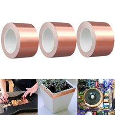 three rolls of copper colored adhesive tape on top of a table with various tools