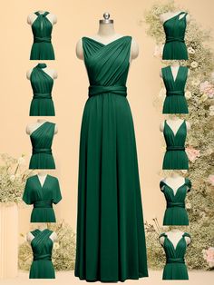 the dress is green and there are eight different angles to show it's size