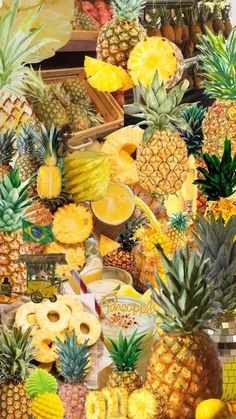 a painting of pineapples, bananas and other fruit on display in a store