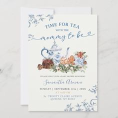 a blue and white floral tea party card with the words time for tea, morning to be