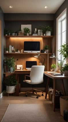 a home office with wooden shelves and plants on the desk, along with a white chair