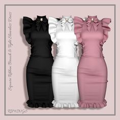 three dresses with ruffles and collared necklines are shown in four different colors