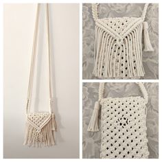 crocheted macrame bag with tassels hanging from it's side