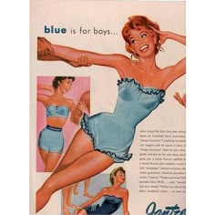 an advertisement for blue is for boys featuring a woman in a bathing suit and panties