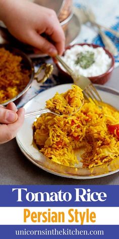 two plates with food on them and the words tomato rice persian style