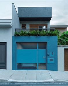 a blue door on the side of a building with plants growing out of it's windows