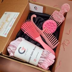 Environmentally Conscious Hair Gift Set (Vegan & Eco-friendly):  The Pretty in Pink Curly Hair Starter Gift Box is the perfect gift for those with curly/natural textured hair.  The Pretty in Pink Curly Hair Starter Gift Box has everything you need to start your natural hair journey or improve on your current routine. Packed with all your hair essentials, our box comes with; 1 x Vegan Reversible/Durable Satin Hair Bonnet 1 x Vegan Shampoo Scalp Massager Head Brush  1 x 100% recyclable Conditioner Detangler Hair Brush 1 x Eco-friendly wide tooth shower comb 1 x Eco-friendly Afro hair comb  Our satin bonnets are hand made meaning they are high quality and long lasting and come in large sizes to ensure all your curls are fully protected at night, preventing wear and frizzing of curls. The fabr Natural Curly Afro, Pink Curly Hair, Natural Hair Journey Tips, Hair Journey Tips, Curly Afro Hair, Exfoliate Scalp, Hair Gift, Shampoo Brush, Hair Bonnet