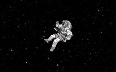 an astronaut floating through the air in space with stars around him and his feet on the ground