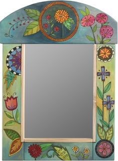 a painted mirror with flowers and leaves on the front, in blue green yellow and pink colors