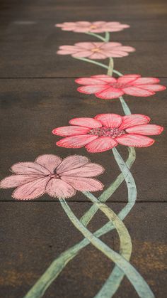 some pink flowers are painted on the ground