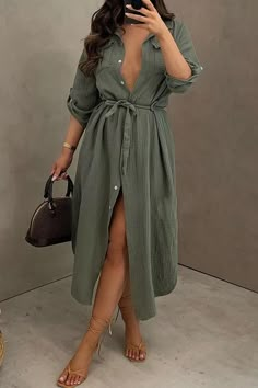 Shirt Collar Button Belted Maxi Dress – Amilyonline Mid Calf Dresses, Womens Fall Dress, Short Sleeve Dress Shirt, Shirt Dress Casual, Long Sleeve Midi Dress, Button Design