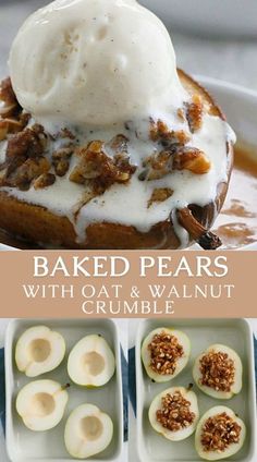 baked pears with oat and walnut crumbled on top are served in white dishes