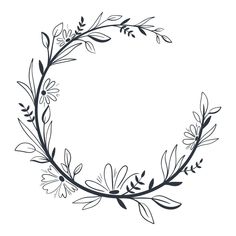 a black and white drawing of a circular frame with leaves on the sides, in an outline