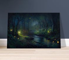 a painting on the wall of a forest with fireflies