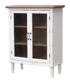 an old white cabinet with glass doors and wooden shelves on the bottom, against a white background