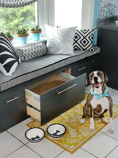 a dog sitting on the floor next to his food dish