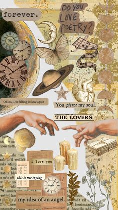 an artistic collage with words and pictures on it, including hands reaching for each other