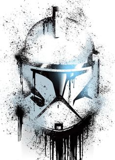 a star wars poster with paint splattered on the face and helmet, in black and white