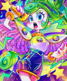 an image of a cartoon character with many colors and shapes on her body, holding a candy